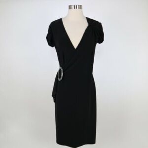 Joseph Ribkoff Black Faux Wrap Buckle V Neck Dress